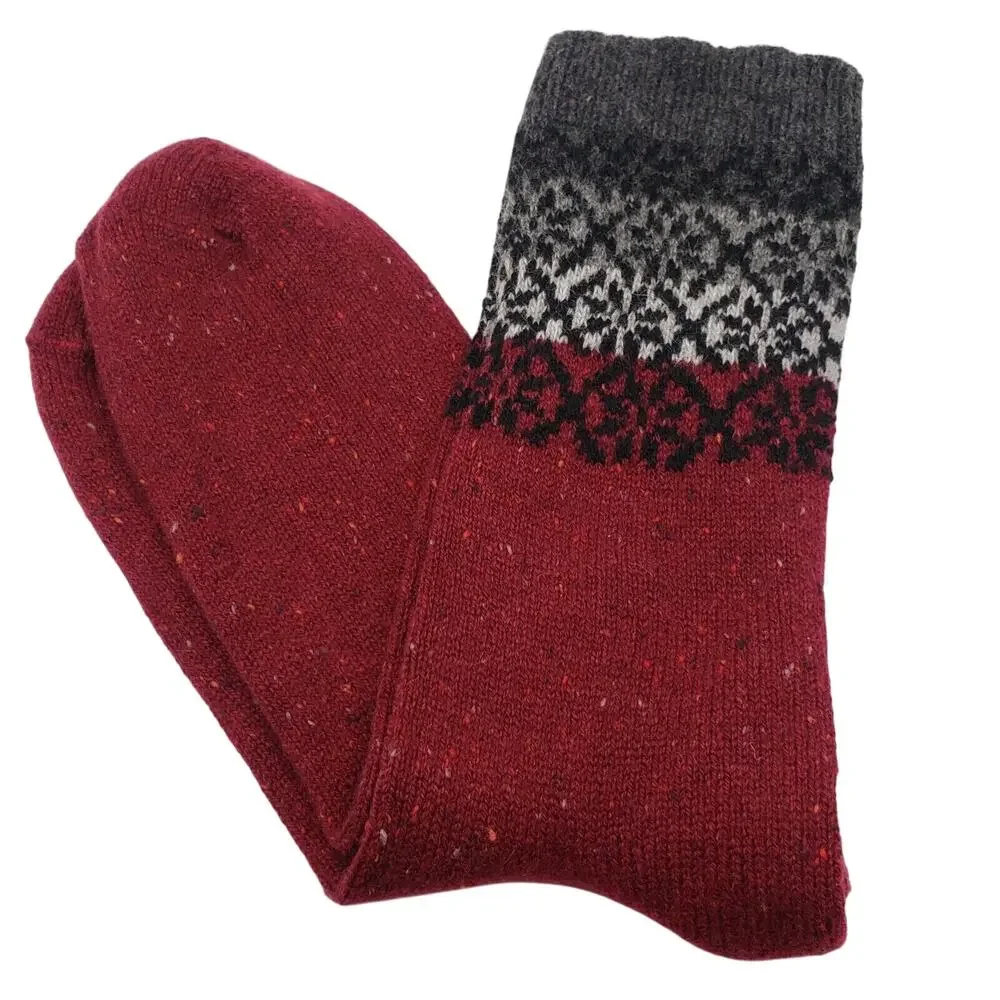 Garnet Hill 82% Cashmere Pattern Luxury Crew Socks Burgundy Black Annalise Med